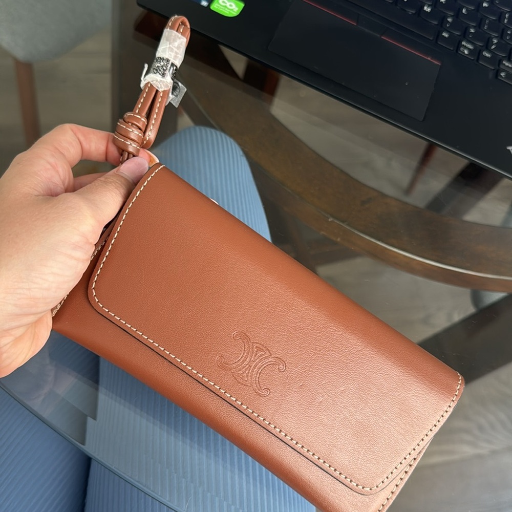 2024 Celine Sunglasses Case, Brown Leather Wristlet Classic Logo